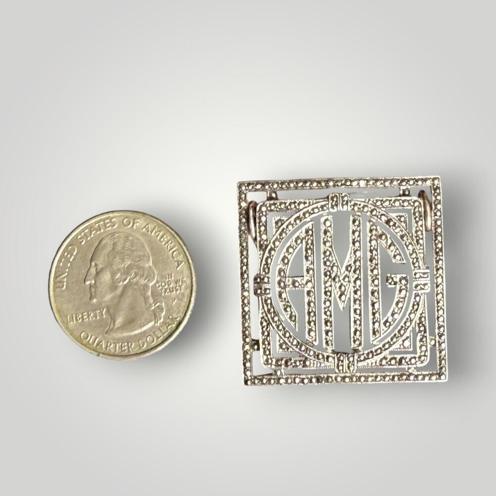 Vintage Art Deco Sterling Silver Marcasite AMG Monogram Brooch Pendant – 10.2g - Picture 7 of 7
